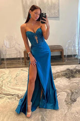 Satin Mermaid Strapless Long Prom Dresses With Lace Appliques